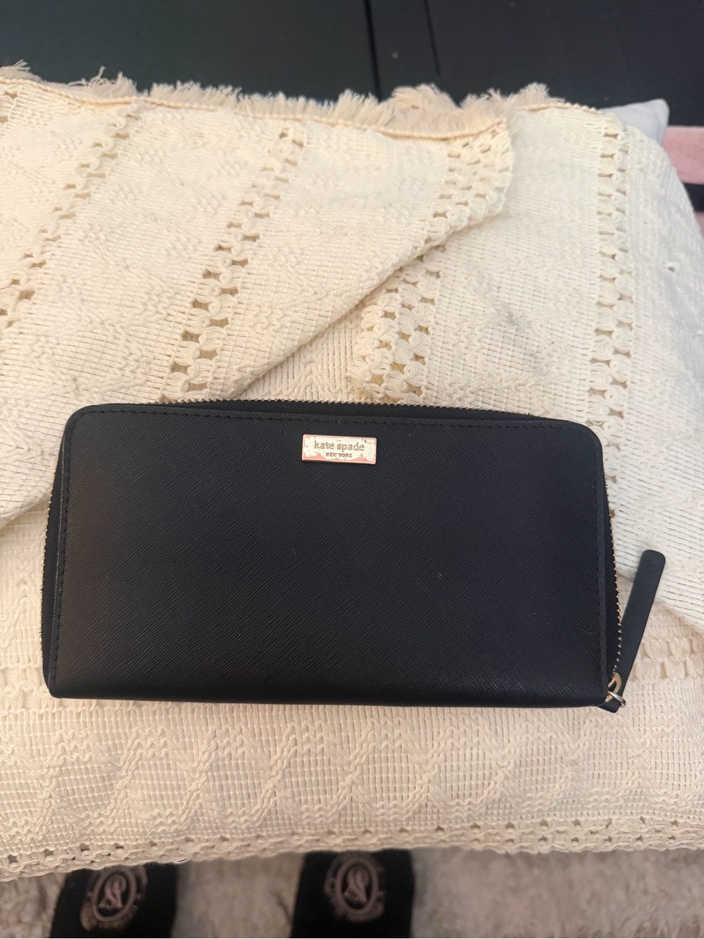 kate spade Black Saffiano Zip-Around Wallet with Gold Plaque